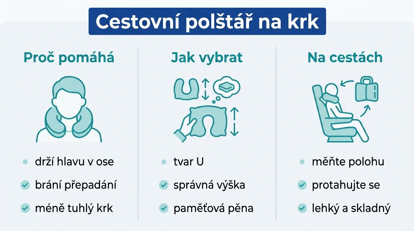 Infografika s přínosem a kritérii výběru cestovního polštáře na krk.
