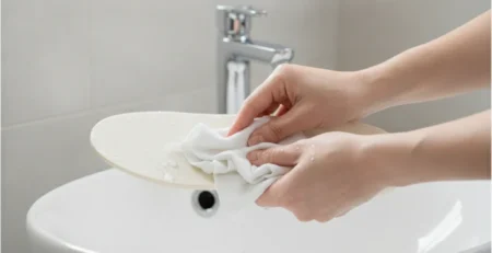 Ruce čistí ortopedickou vložku vlhkým hadříkem nad umyvadlem.