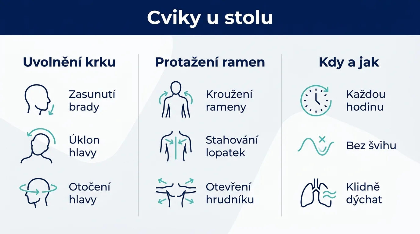 Infografika se třemi základními cviky na krk a ramena, které lze dělat u stolu.