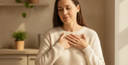 Žena u kuchyňského stolu si drží hrudník při pálení žáhy, vedle má talíř s lehkou zdravou stravou.