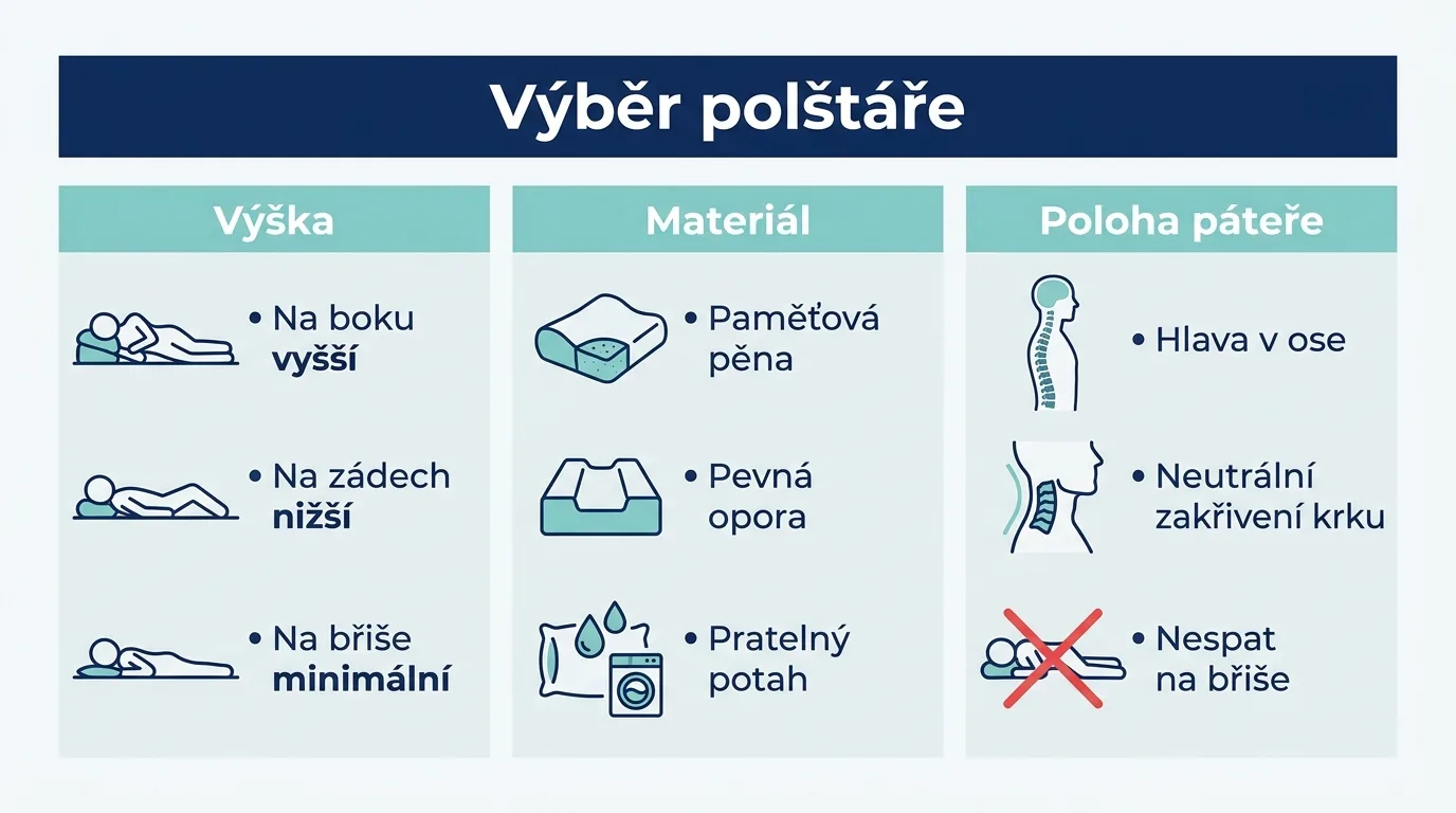 Infografika shrnuje, jak vybrat ortopedický polštář na krk podle výšky, materiálu a polohy při spaní.