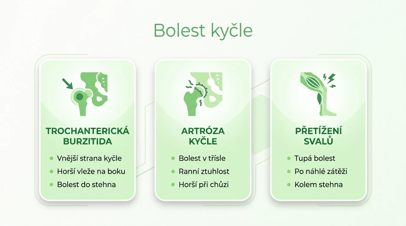 Infografika porovnává tři hlavní příčiny bolesti kyčle: trochanterickou burzitidu, artrózu kyčle a přetížení svalů.