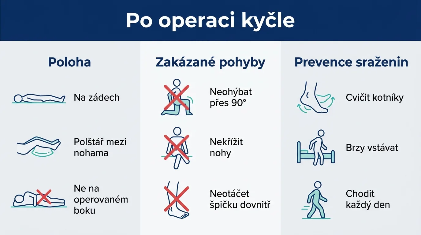 Infografika se třemi pilíři bezpečného spánku po operaci kyčle: poloha, zakázané pohyby a prevence sraženin.