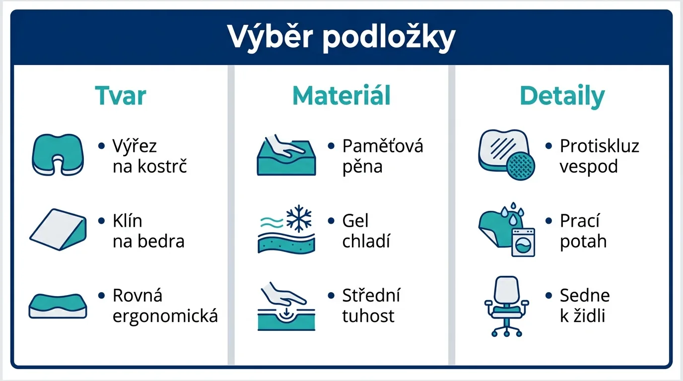 Infografika s přehledem, jak vybrat sedací podložku podle tvaru, materiálu a praktických detailů.