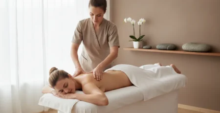 Žena leží na lehátku a masér jí uvolňuje napjaté svaly podél páteře