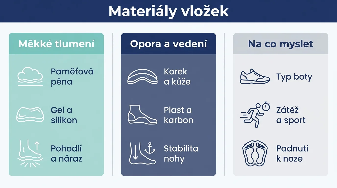 Infografika porovnávající skupiny materiálů ortopedických vložek a k čemu se hodí.