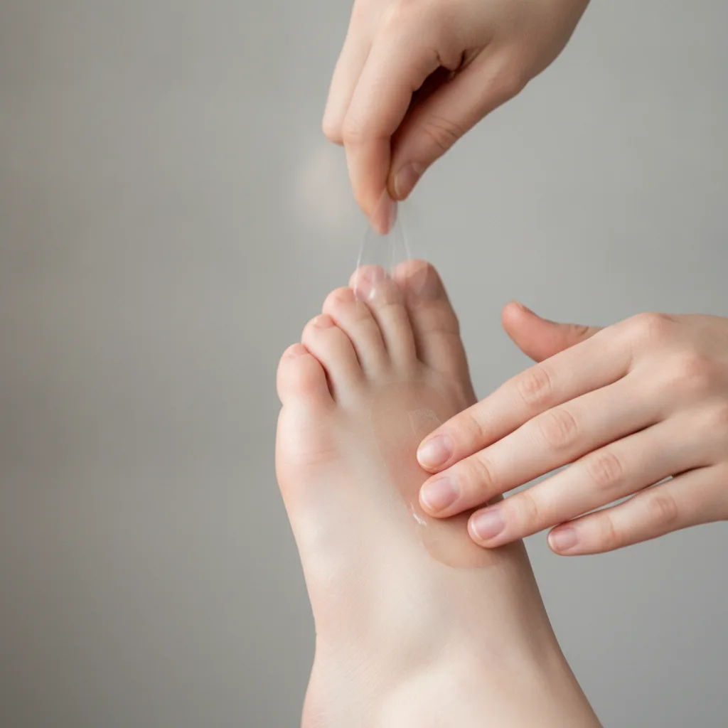 Ruce přikládají ochrannou náplast na patu jako prevenci puchýře.