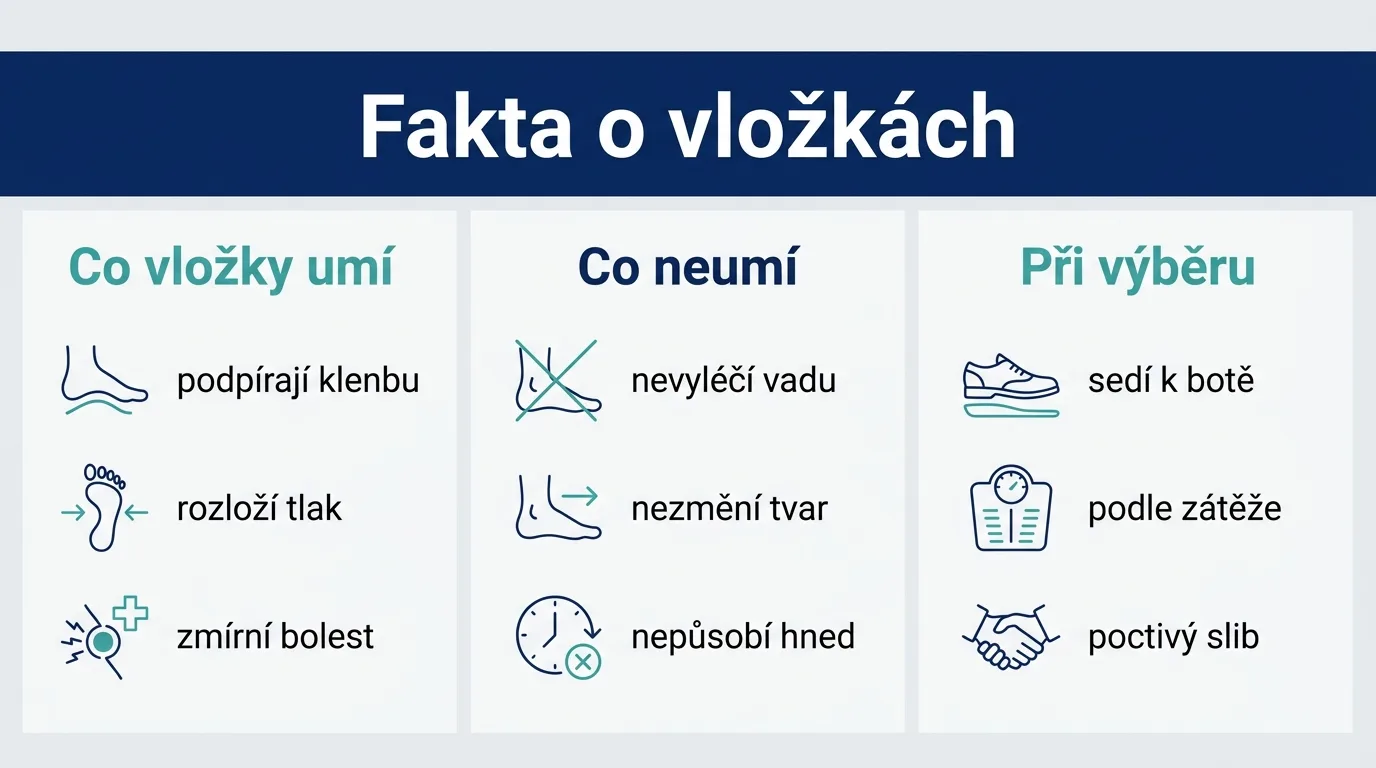 Přehledná infografika shrnující, co ortopedické vložky umí a co ne.