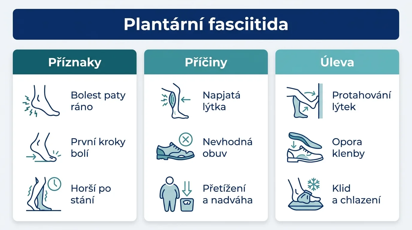 Infografika shrnuje příznaky, příčiny a možnosti úlevy při plantární fasciitidě.