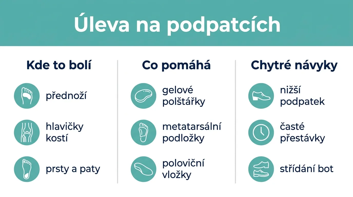 Infografika ukazující, kde podpatky bolí, jaké vložky pomáhají a jaké návyky nohám ulevují.