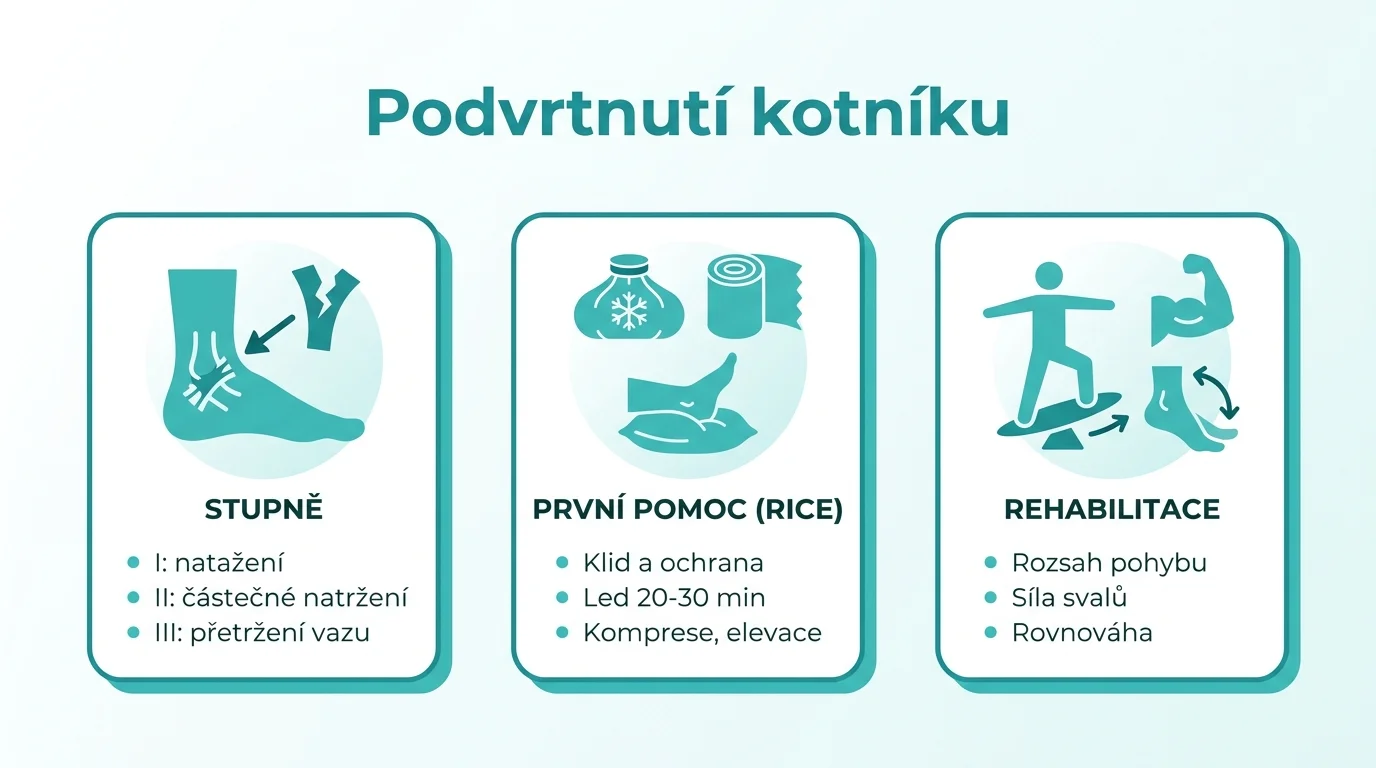Infografika shrnující tři stupně podvrtnutí kotníku, první pomoc metodou RICE a tři pilíře rehabilitace.