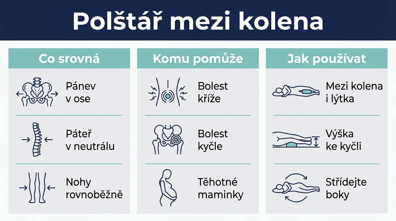 Infografika shrnuje, co polštář mezi koleny srovná, komu pomáhá a jak ho používat.