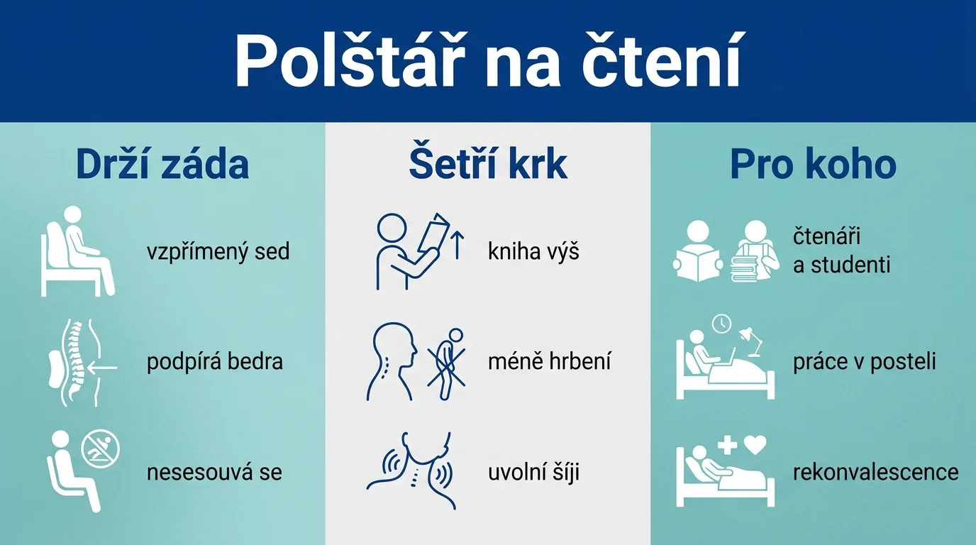 Infografika shrnující tři hlavní přínosy polštáře na čtení pro záda a krk.