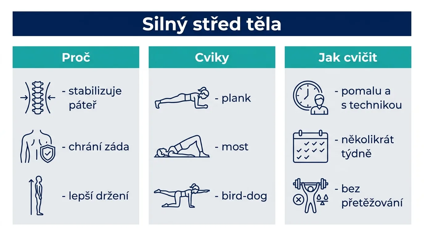 Infografika s přínosem, cviky a zásadami posilování středu těla.