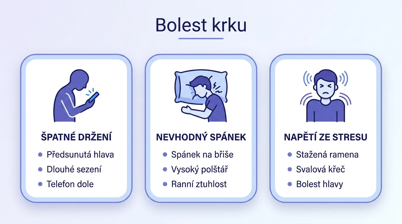 Infografika shrnující tři hlavní příčiny bolesti krku: špatné držení těla, nevhodný spánek a napětí ze stresu.