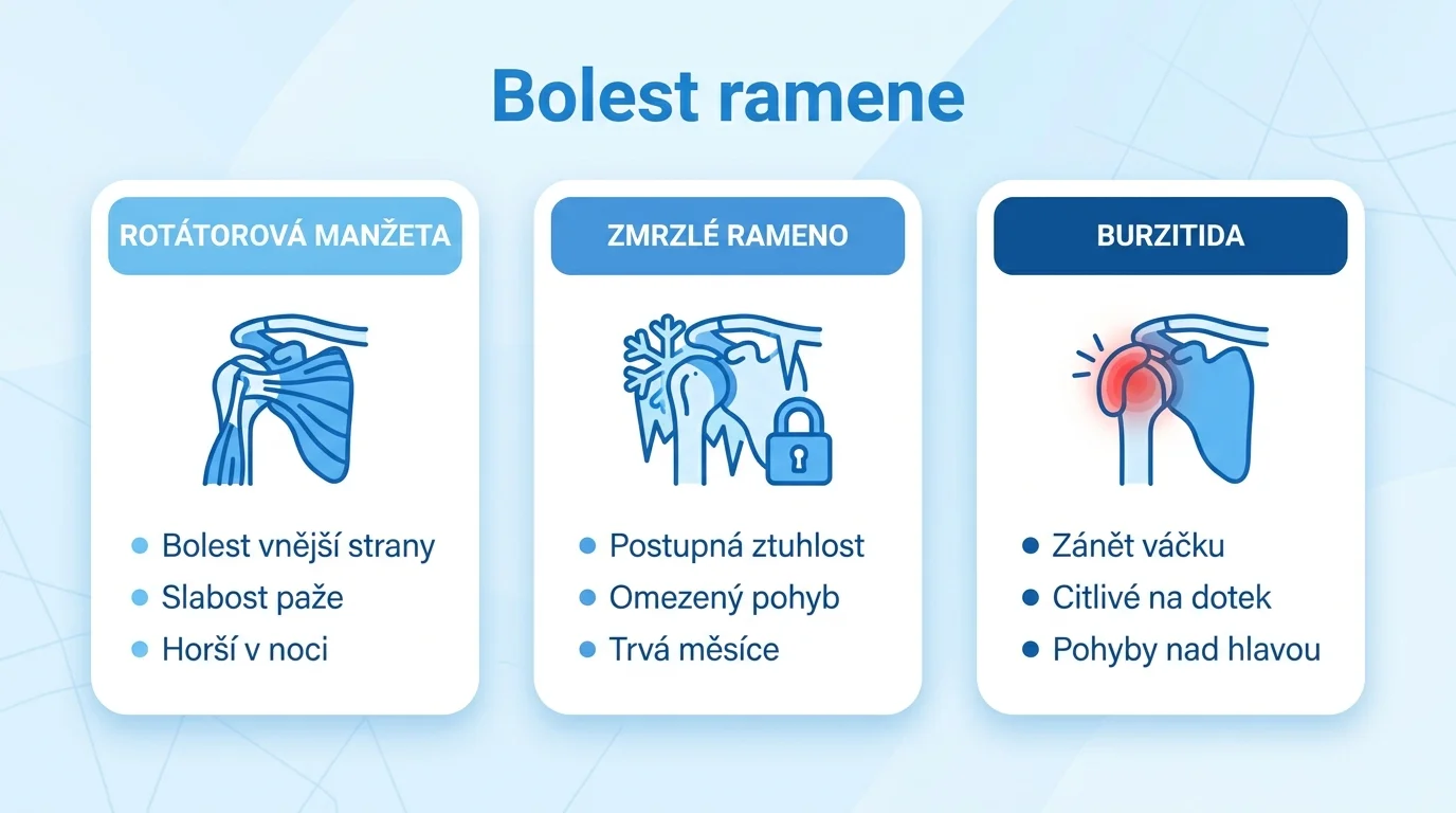 Infografika porovnává tři hlavní příčiny bolesti ramene: rotátorovou manžetu, zmrzlé rameno a burzitidu.