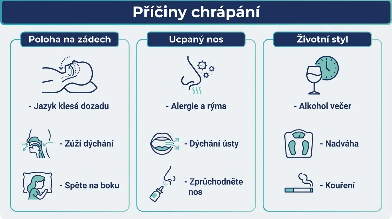Infografika shrnující nejčastější příčiny chrápání a jednoduchá řešení pro klidnější spánek.