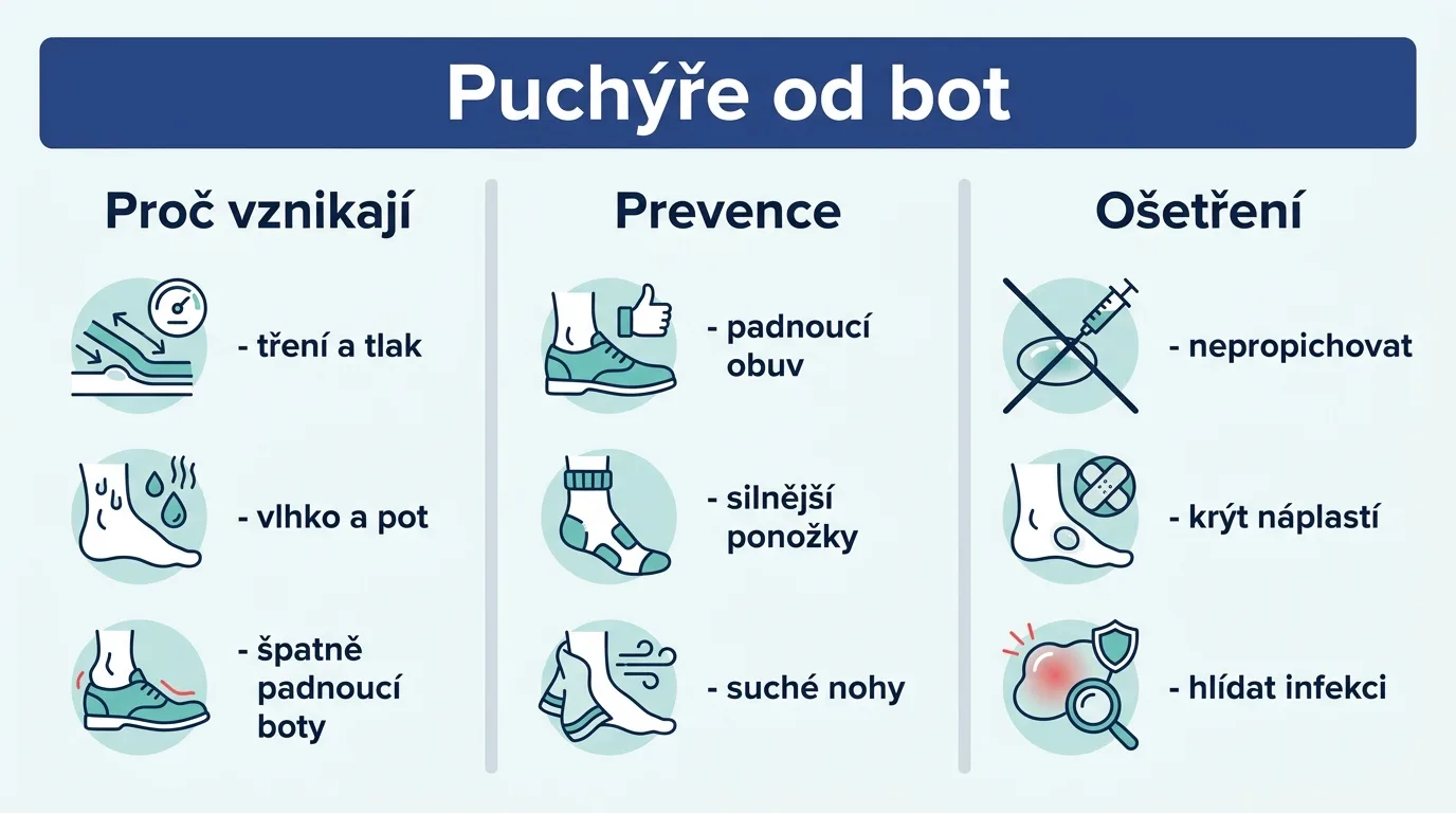 Infografika s příčinami, prevencí a ošetřením puchýřů od bot.
