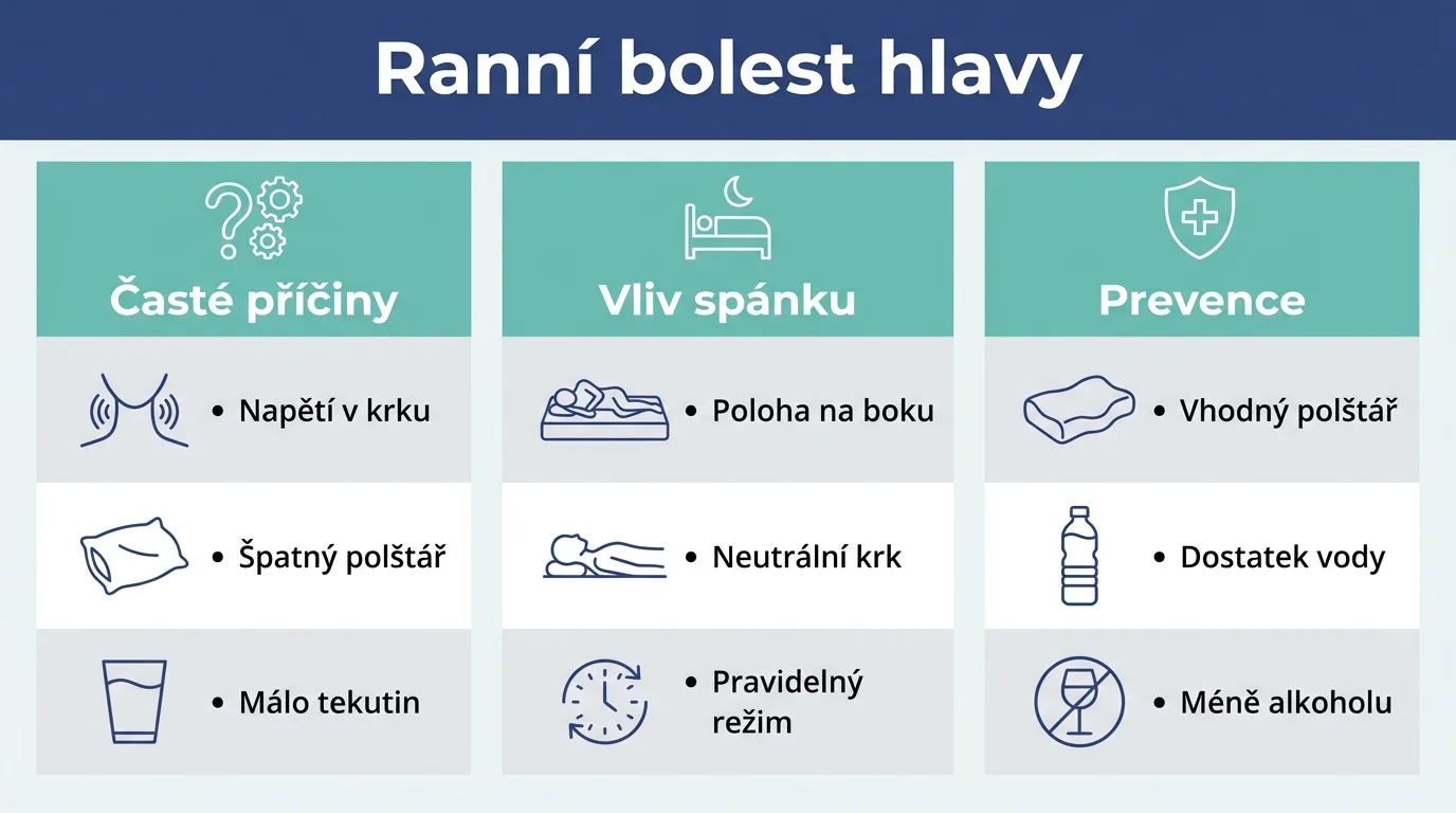 Infografika shrnující časté příčiny ranní bolesti hlavy, vliv spánku a možnosti prevence.