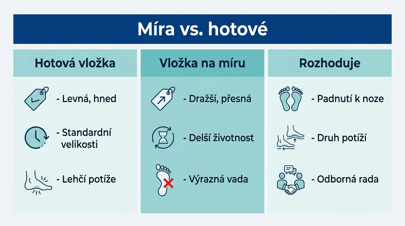 Infografika porovnávající individuální a hotové ortopedické vložky podle ceny, životnosti a vhodnosti.