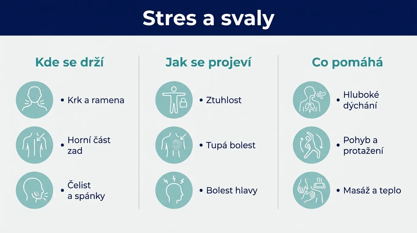 Infografika ukazující, kde se stres ve svalech drží, jak se projevuje a co na napětí pomáhá.