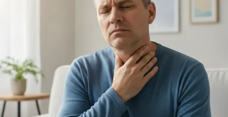 Muž se drží za krk kvůli podráždění hrdla při tichém refluxu.