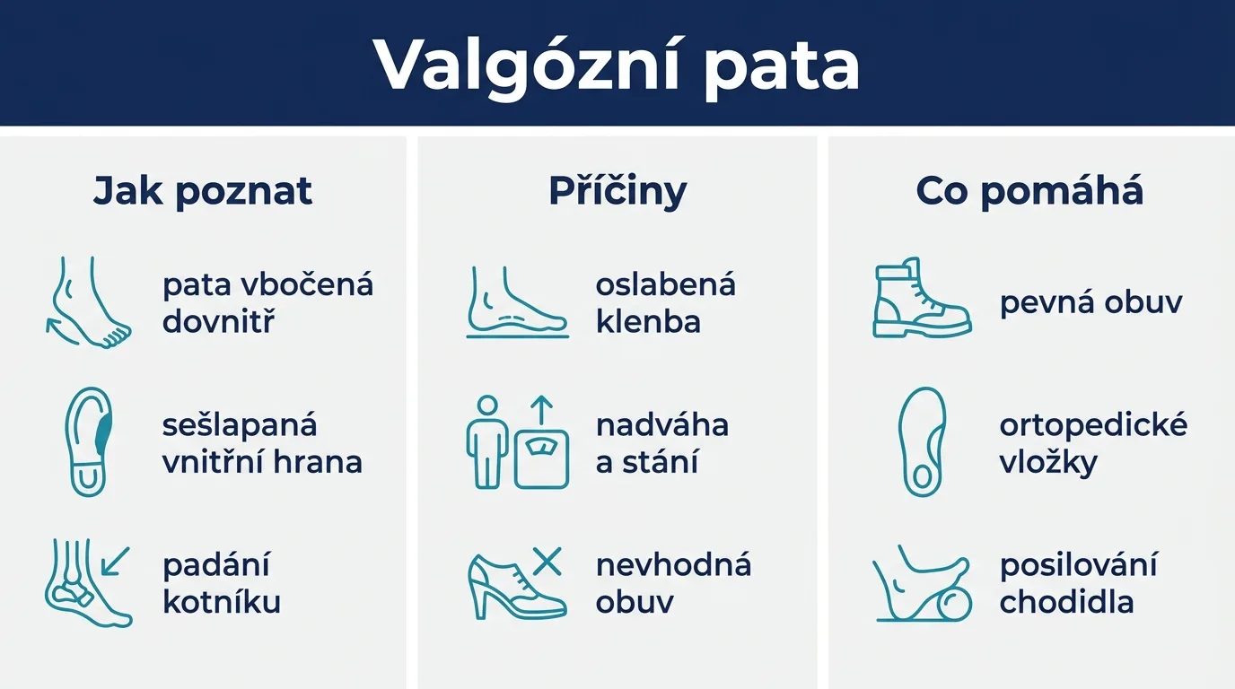 Infografika shrnující příznaky, příčiny a možnosti stabilizace valgózní paty.