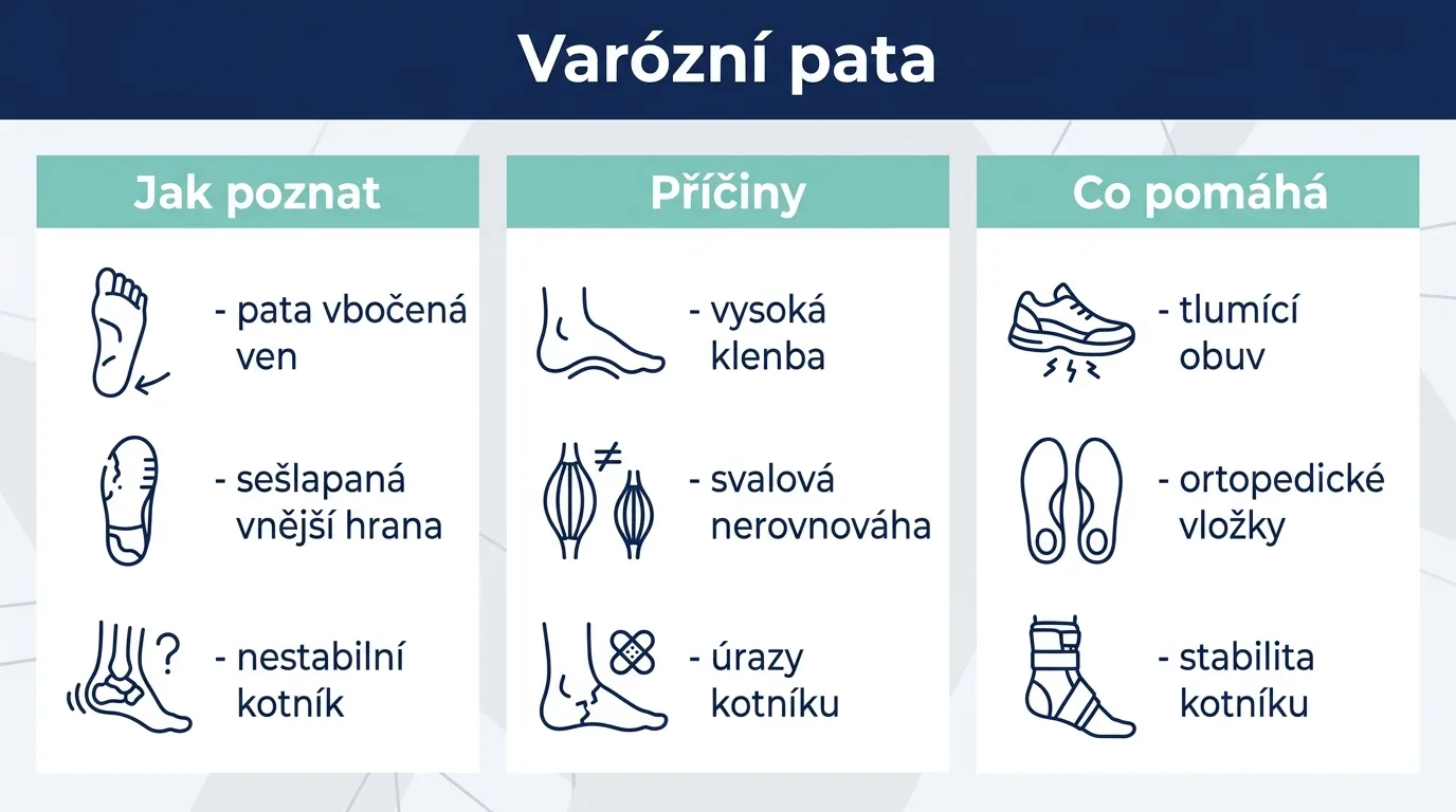Infografika shrnující příznaky, příčiny a stabilizaci varózní paty.