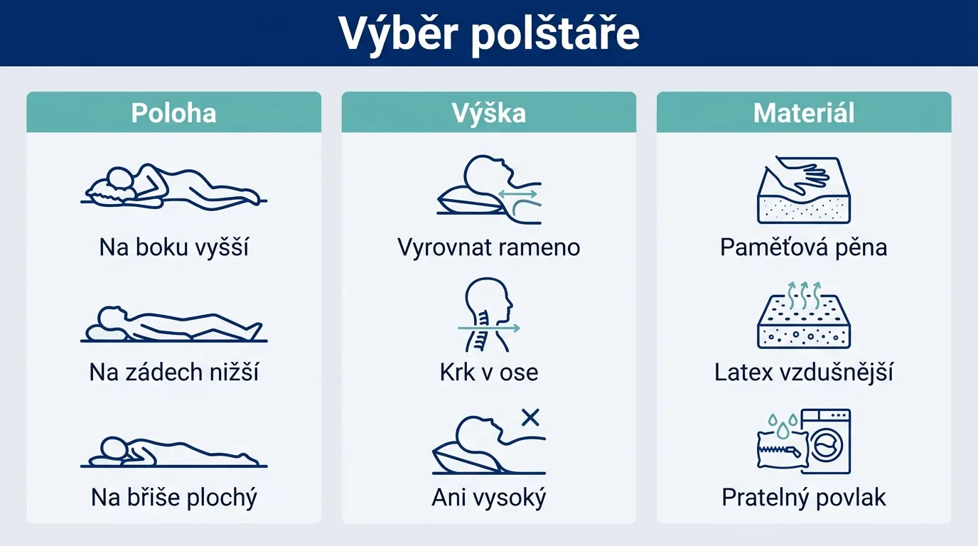 Infografika shrnující výběr polštáře podle polohy při spaní, výšky a materiálu.