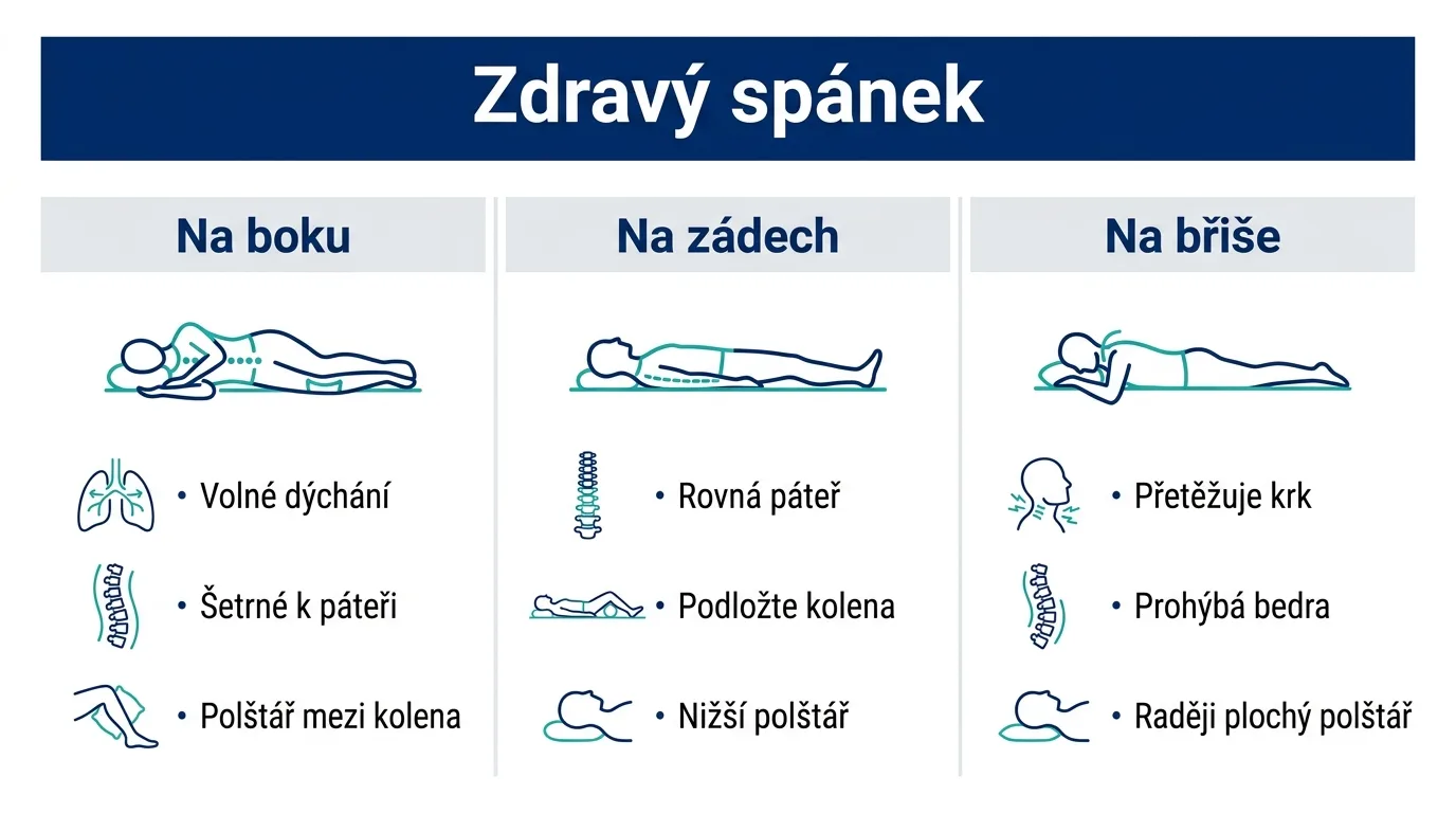 Infografika porovnávající tři polohy při spaní na boku, na zádech a na břiše.