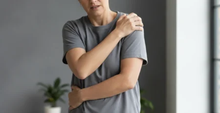 Žena si drží bolavé rameno rukou a vnímá bolest v horní části paže.