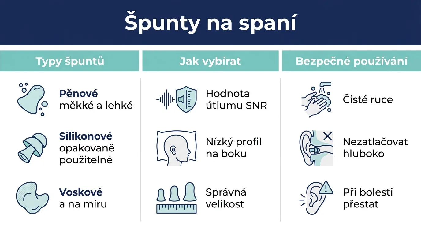 Infografika o výběru a používání špuntů do uší na spaní